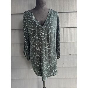 Beacon Patty Roll Tab Knit Blouse 3/4 Sleeve V-Neck Dark Green Print Stretch XL!